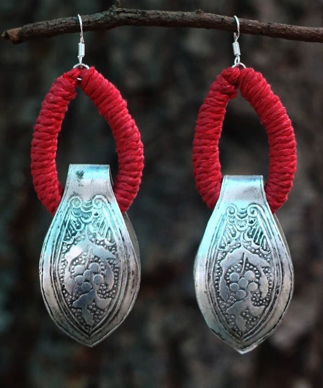 Red Sterling Silver Engrave Hoop Earrings