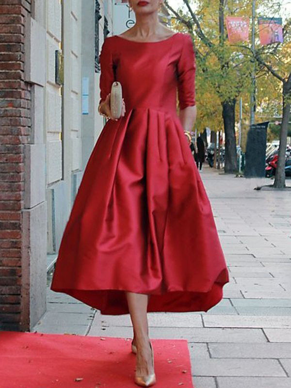 A-line Loose Pleated Pockets Color Split-joint Round-neck Midi Dresses
