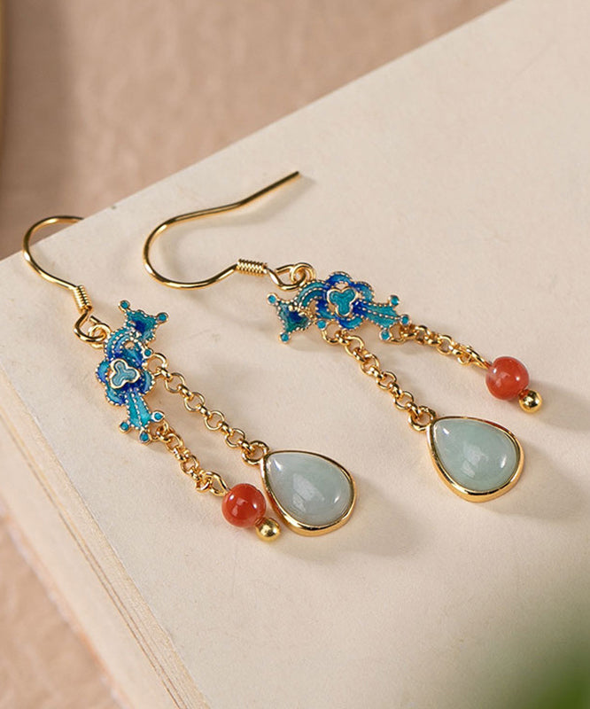 Blue Sterling Silver Gold Plated Cloisonne Jadeite Water Drop Jade Drop Earrings