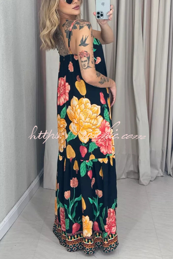 Print Halter Back Loose Pocket Full Hem Maxi Dress