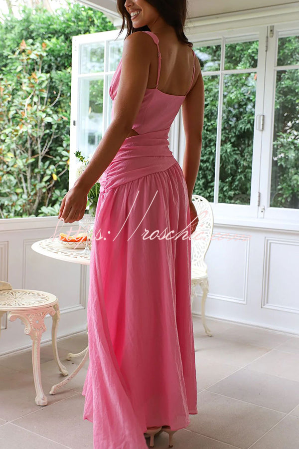 Color V-neck Waist Hollow Slim Maxi Dress