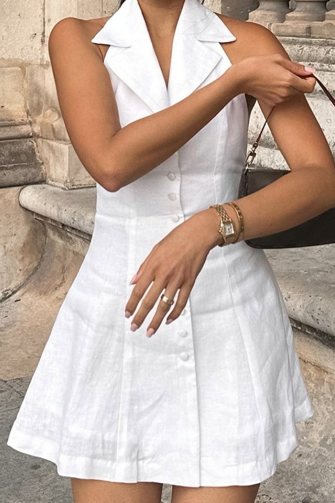 Halter V Neck Button Down a Line Mini Dress
