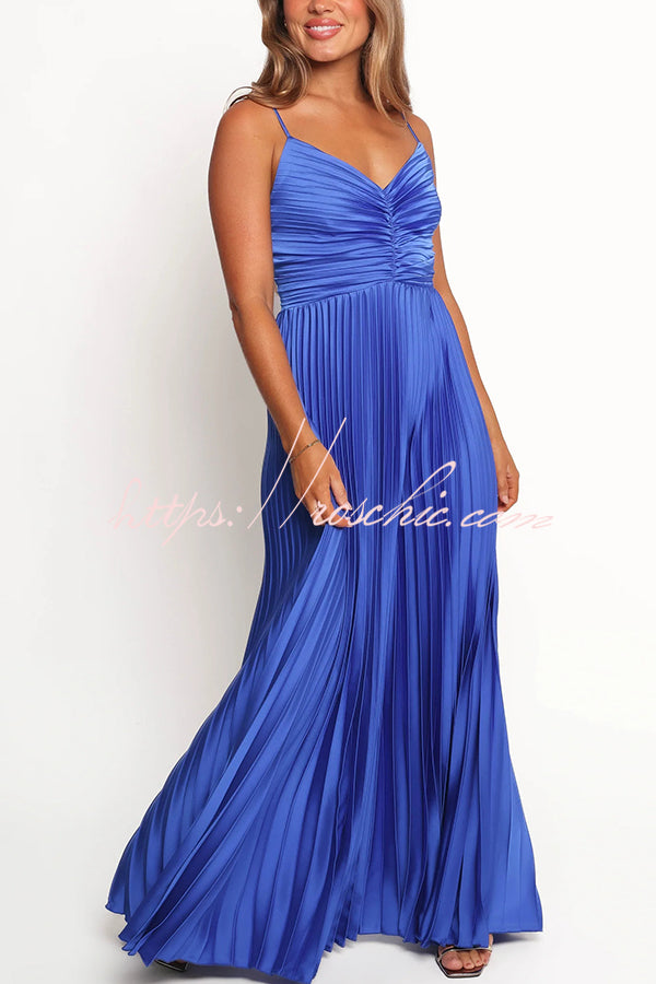 Catch the Light Satin Pleated V-neck Slip Maxi Dress