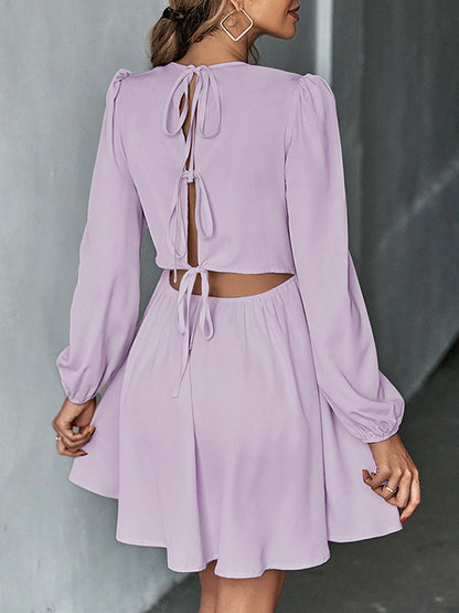 A-line Bishop Sleeve Backless Elasticity Hollow Pleated Color Tied Round-neck Mini Dresses