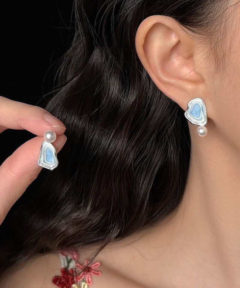 Style Blue Sterling Silver Pearl Drip Glaze Enamel Asymmetrical Stud Earrings