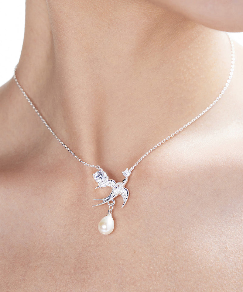 Water Zircon Droplet Pearl Little Bird Silver Choker