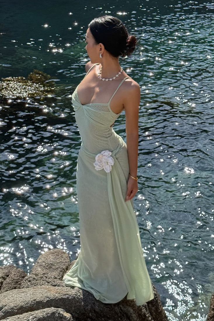 Lace Mesh 3d Waist Cinched Cami Maxi Dress