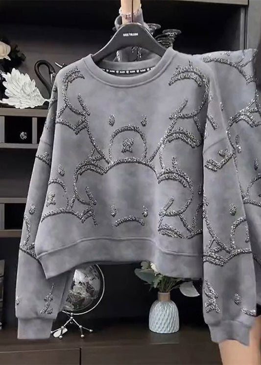Grey O-neck Sequins Sweatshirt Fall Wd035