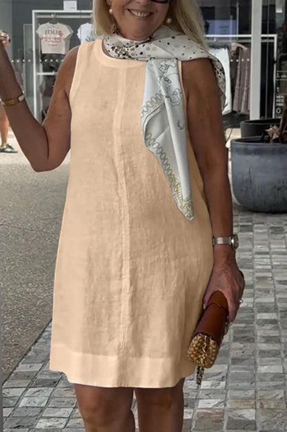 Linen Blend Color Crew Neck Sleeveless Mini Dress