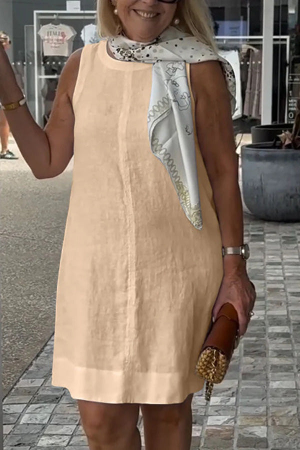 Linen Blend Color Crew Neck Sleeveless Mini Dress
