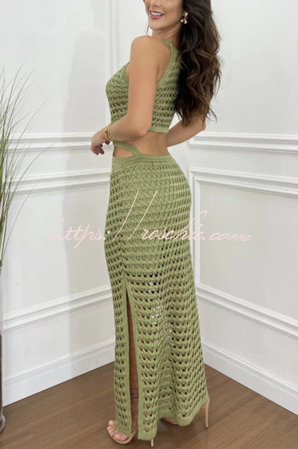 Gaze Knit Texture Ring Side Waist Cutout Stretch Maxi Dress