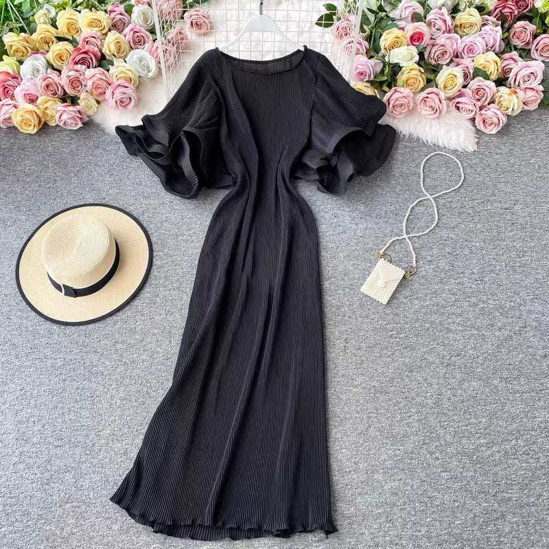 Round Neck Purple Ruffled Sleeve Maxi Dress