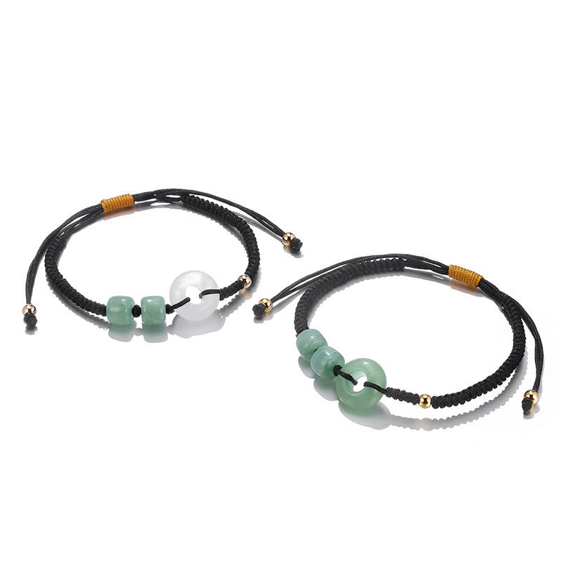 Buddha Stones 2pcs Green Aventurine White Jade Peace Buckle Luck Braided Couple Bracelet