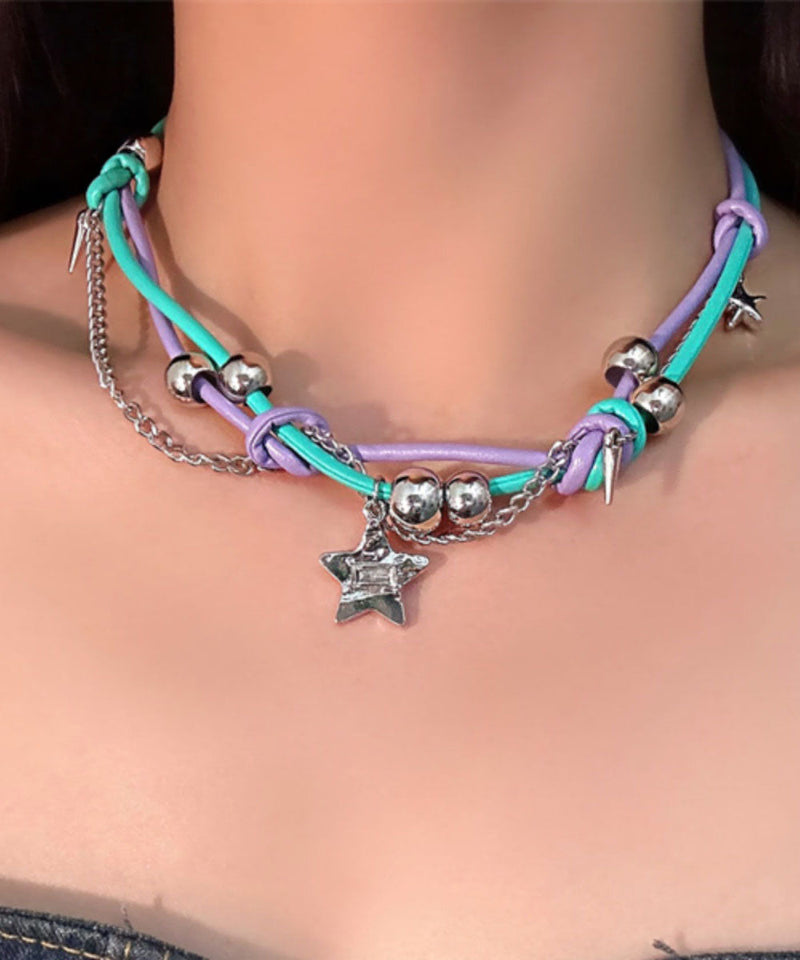 Purple Green Patchwork Alloy Colorful Stars Tassel Necklaces