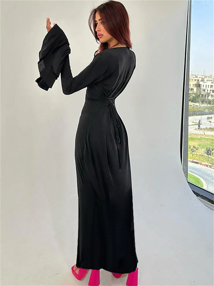 Ruffled Lace-up Long Dress Female Slim Long Sleeve High Waist Party Dress Autumn Maxi Dress