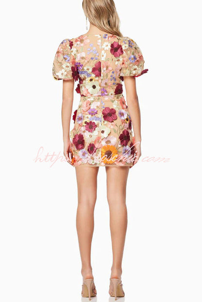 Garden Gala Embroidered Applique Puff Sleeve Mini Dress