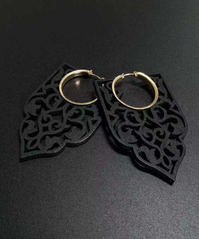 Black Wooden Hollow Out Hoop Earrings
