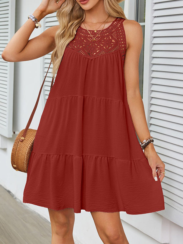 Loose Sleeveless Hollow Pleated Color Split-joint Round-neck Mini Dresses