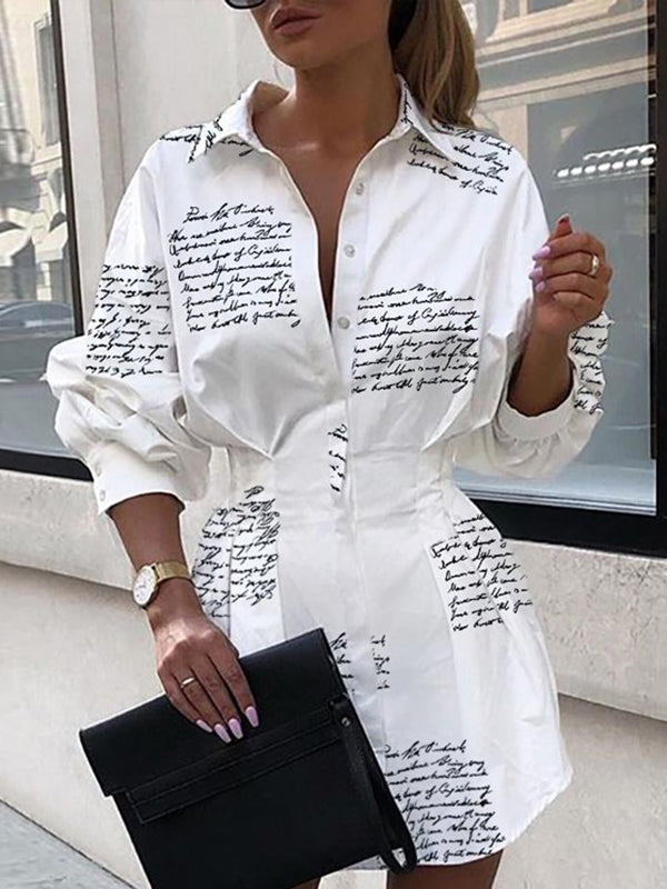 Long Sleeves Loose Letter Print Pleated Split-joint Lapel Mini Dresses Shirt Dress