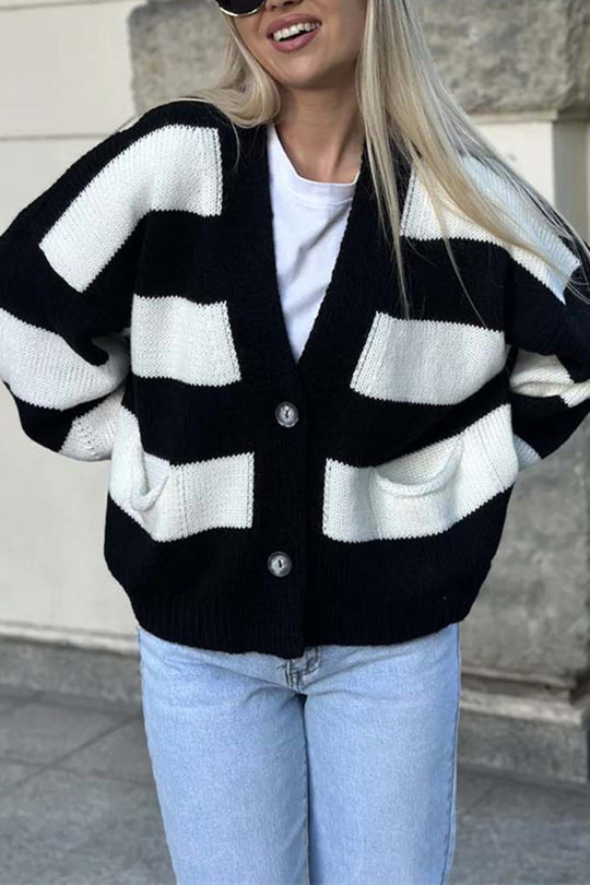 V-neck Long-sleeved Striped Pocket Knitted Cardigan