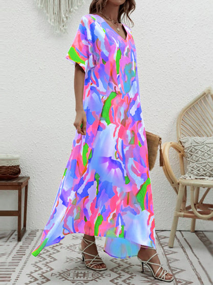 Loose Short Sleeves Contrast Color High-waisted Printed V-neck Maxi Dresses