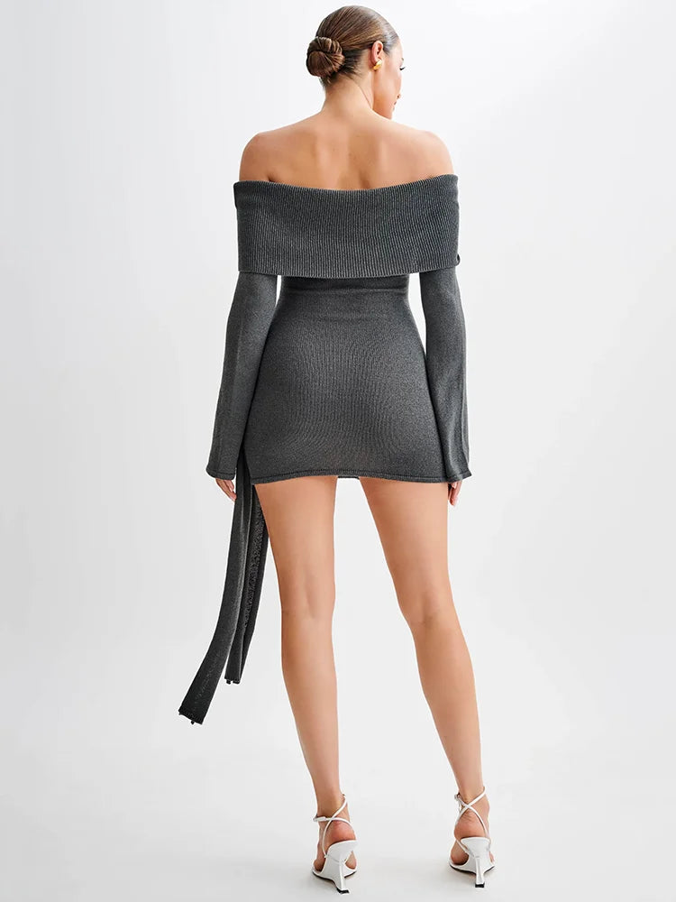 Off-shoulder Knit Mini Dress for Autumn Winter New Strapless Backless Long Sleeve Ruched Draped Knitted Dress