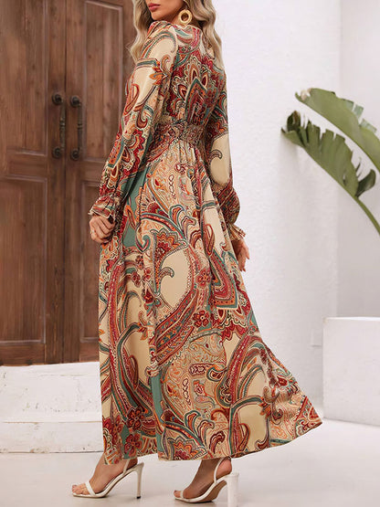 Loose Puff Sleeves Elasticity Printed V-neck Maxi Dresses