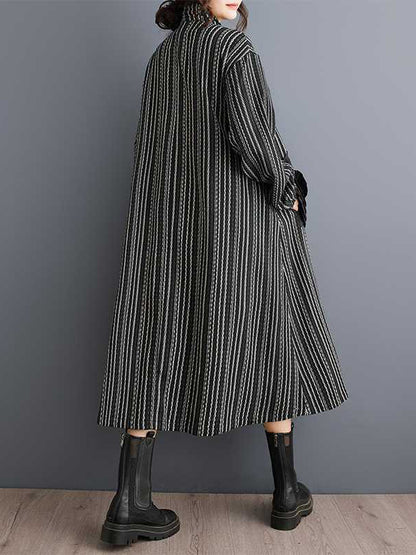 A-line Long Sleeves Elasticity Pockets Striped Zipper Lapel Midi Dresses