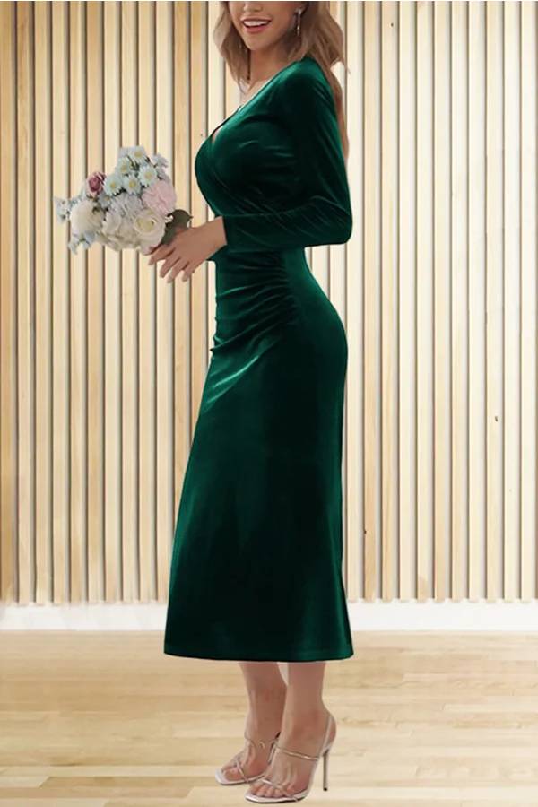 Velvet Long Sleeve V Neck Slim Fit Fishtail Maxi Dress