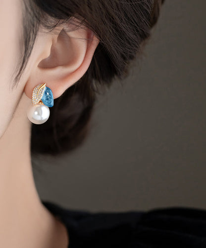 Bluecopper Zircon Asymmetric Pearl Enamel Drop Glaze Stud Earrings
