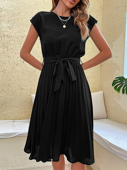 A-line Loose Pleated Color Tied Waist Round-neck Midi Dresses