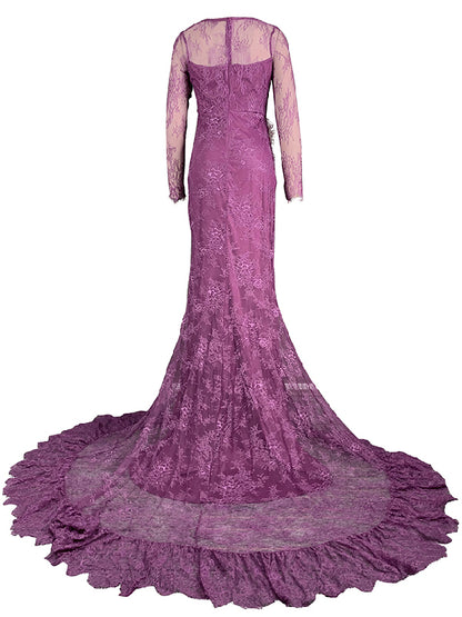 Long Sleeves Mermaid Mesh See-through Split-side Square-neck Evening Dresses Maxi Dresses