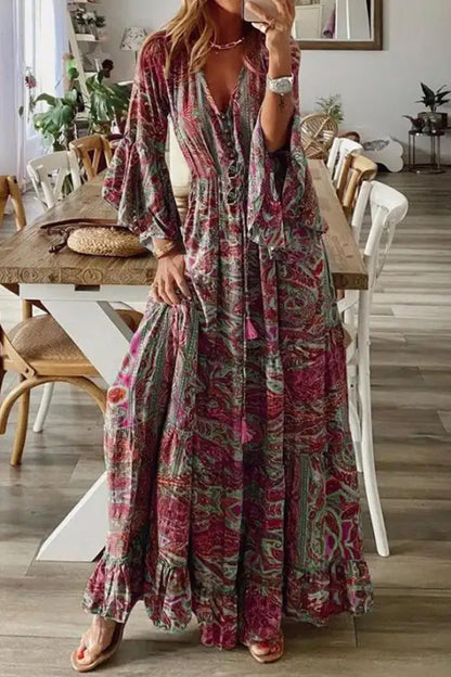 V-neck Loose Peris Print Vacation Long Sleeve Maxi Dress