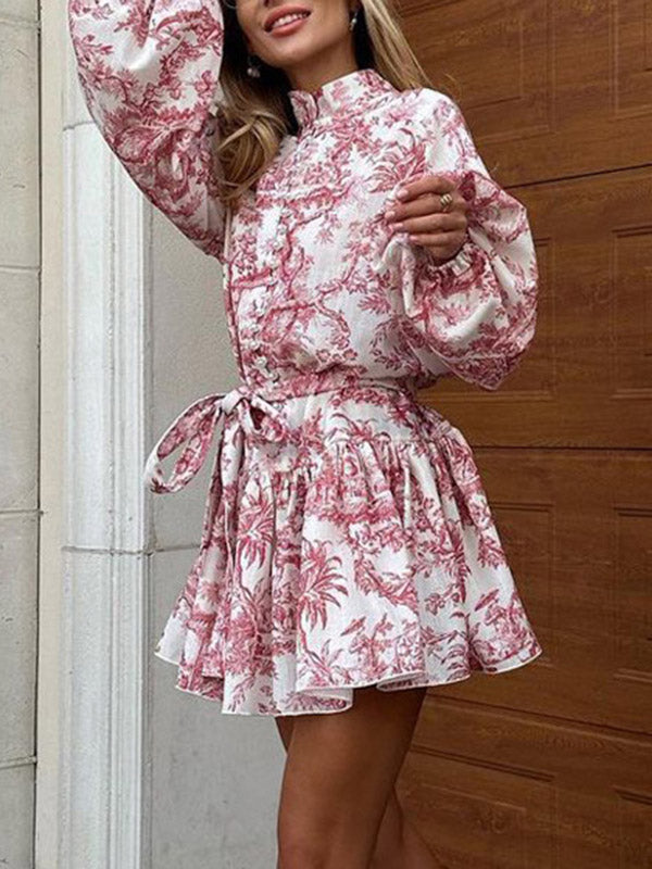 Loose Puff Sleeves Pleated Printed Split-joint Tied Waist Stand Collar Mini Dresses