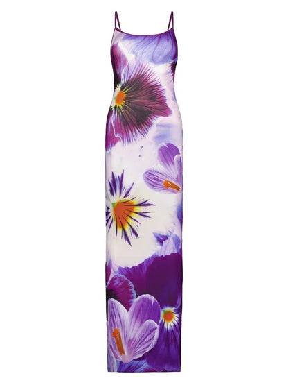 Printed Contrast Spaghetti Dress Female Backless High Waist Patchwork Summer Maxi Dress Halter Dresses