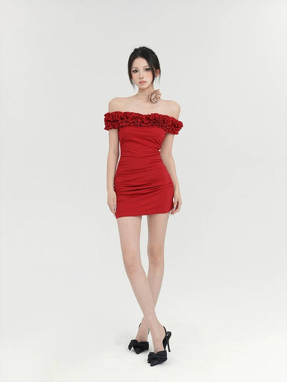 Red Ruffle Shoulder Mini Dress