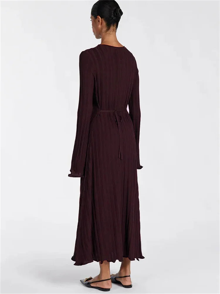Knitwear Loose Maxi Dress Lace-up High Waist Ribbed Long Sleeve Party Dress Female Knit Bandage Long Dress