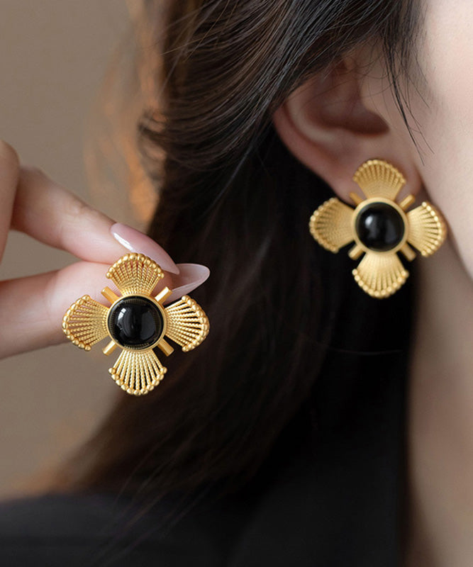 Gold Copper Crystal Hollow Out Stud Earrings
