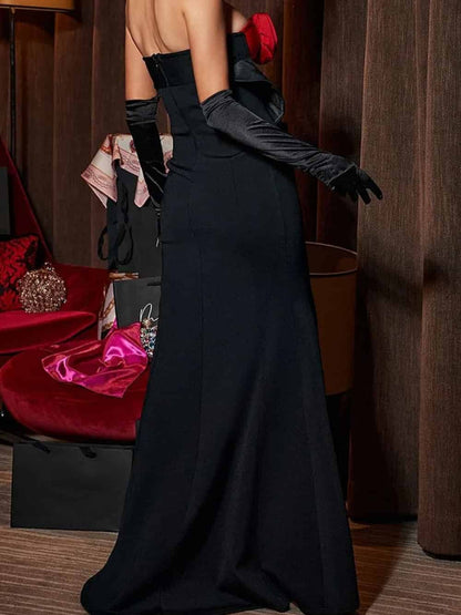 Flower Strapless Slim Fit Double-breasted Fishtail Hem Gowns Maxi Dress