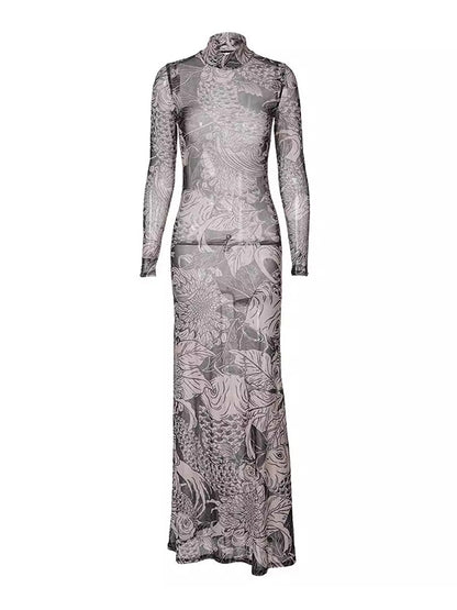 Long Sleeves Skinny Printed See-through Split-joint High Neck Evening Dresses Maxi Dresses