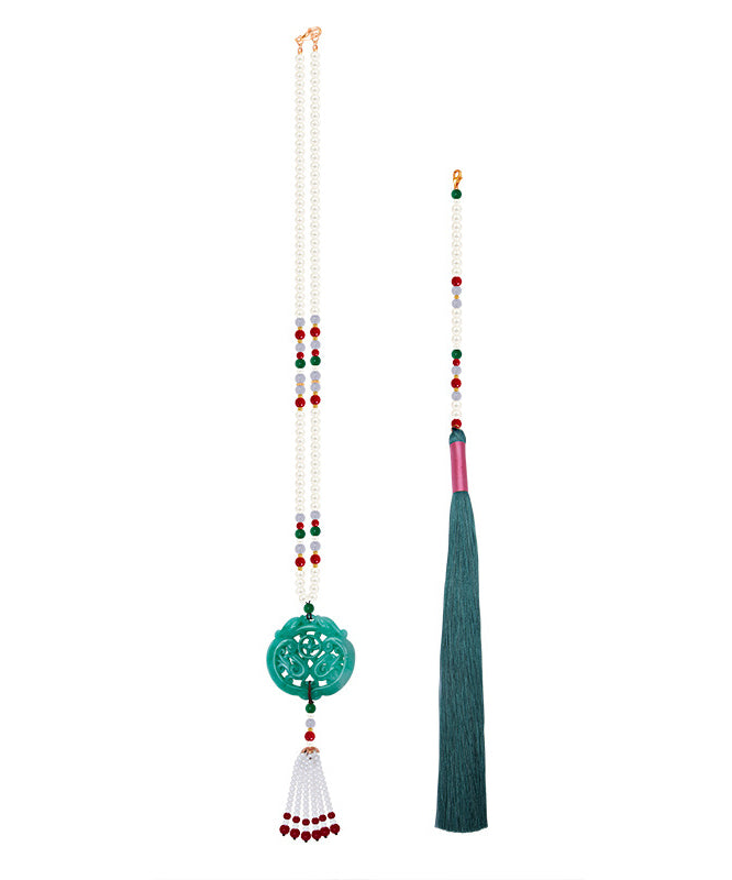 Green Alloy Jade Pearl Beading Tassel Pendant Necklace