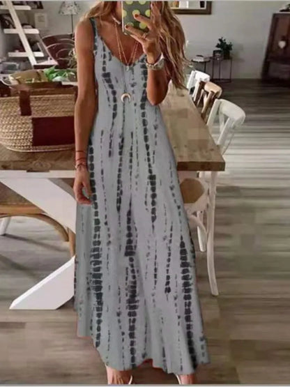 Printed Maxi Spaghetti Strap Dresses for V-neck Backless A-line Long Dress Style Beach Vestidos