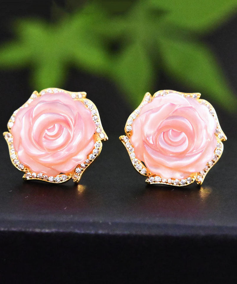 Fine Pink 14k Gold Zircon Rose Stud Earrings