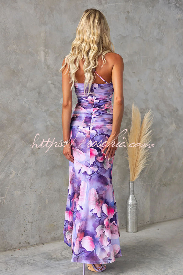 Deja Mesh Overlay Print One Shoulder Ruched Stretch Maxi Dress