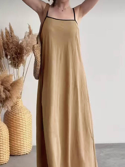 A-line Loose Split-joint Spaghetti-neck Maxi Dresses