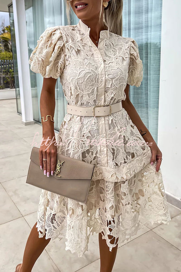 Absolutely Crochet Lace Puff Sleeve Belted Shirt Midi Dress
