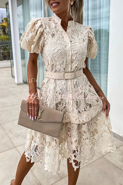 Absolutely Crochet Lace Puff Sleeve Belted Shirt Midi Dress