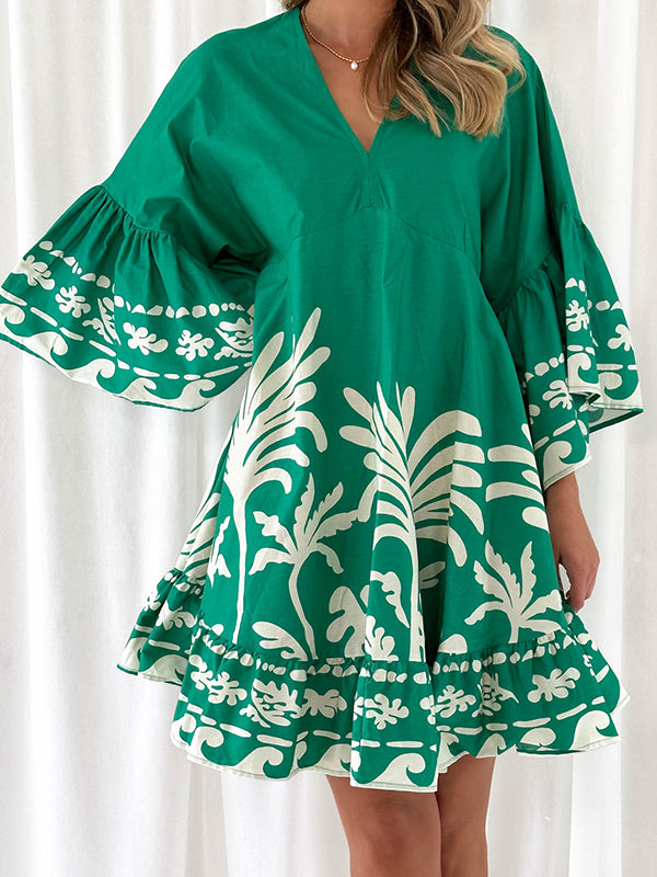 A-line Flared Sleeves Flower Print Pleated Split-joint V-neck Mini Dresses