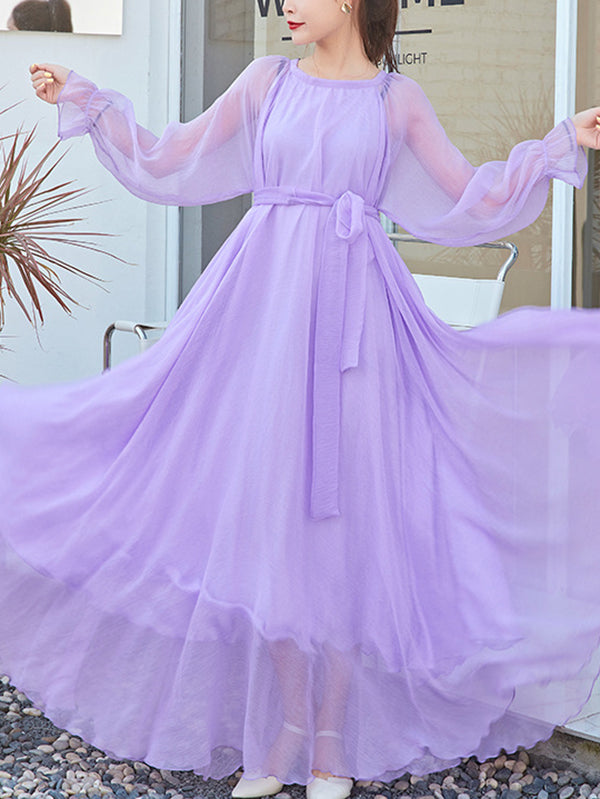 Long Sleeves Loose Falbala Gauze Pleated Color Tied Waist Round-neck Maxi Dresses