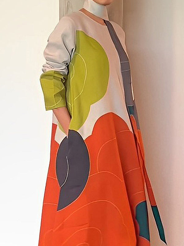 Long Sleeves Loose Printed Split-joint Round-neck Maxi Dresses